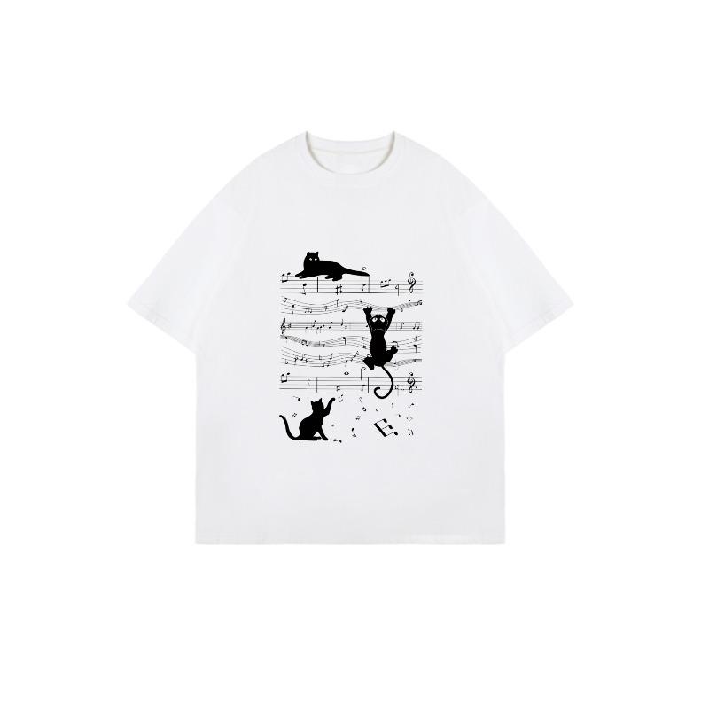 Oversized T Shirt Black Cat Music Notes Print Casual Loose Fit Top For Women Summer Streetwear Fashion