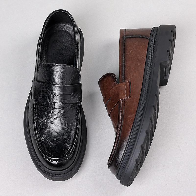 Leather Shoes Men's 2024 Autumn Business Casual Shoes Trendy Men's Shoes One-pedal Hand-scratched Loafers