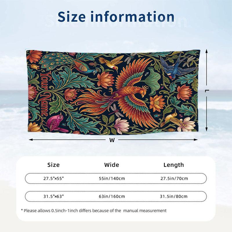 Birds Flowers Garden 2 Theme Quick Dry Beach Towel Custom Name Text Print Large Sand Resistant Towel Beach Vacation