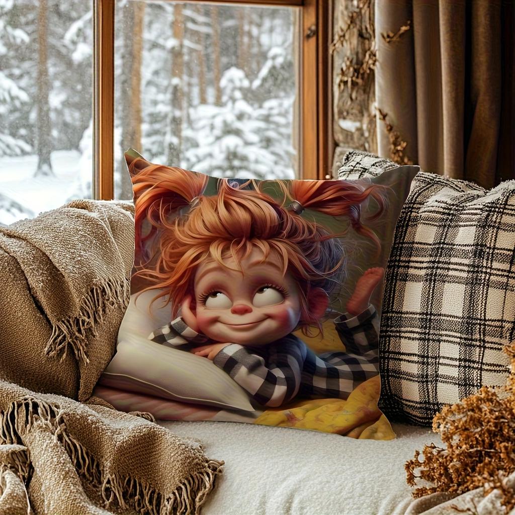 2D Flat- Cute Cartoon Pippi Longstocking Style Girl Throw Pillow Cover Cozy Home Decor Cushion Case for Bedroom Living Room Sofa