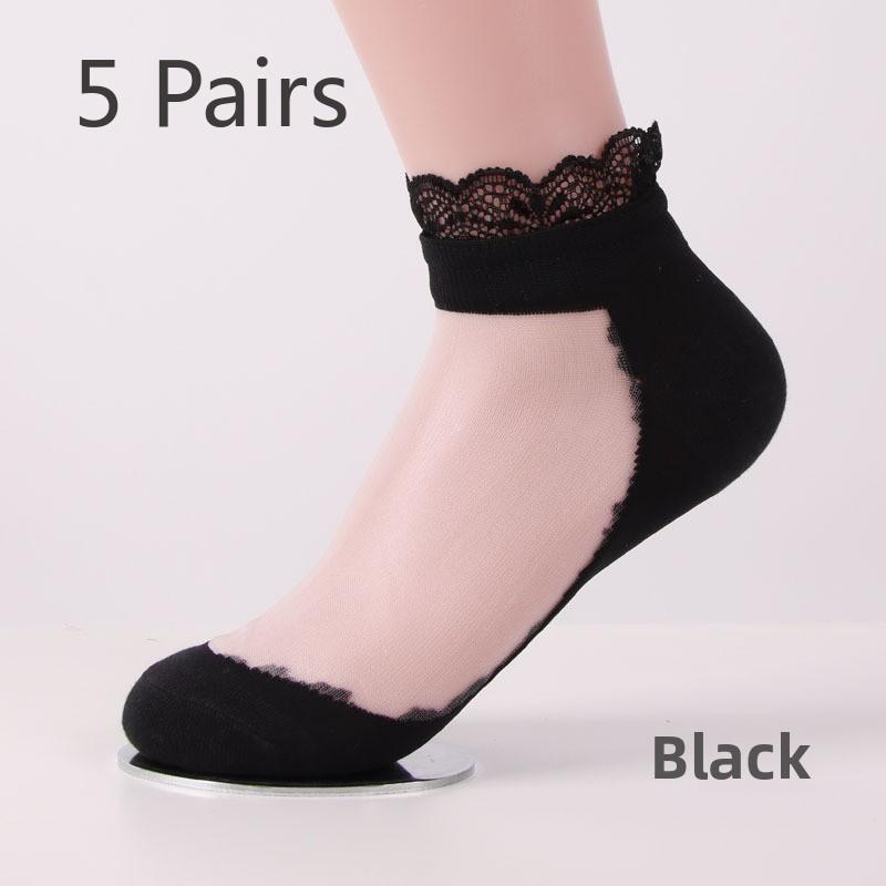 

5 пар женских носков весна/лето тонкие женские чулки классные прозрачные кружевные чулки-лодочки чулки с кристаллами и стеклом женские 5 Pairs чёрный