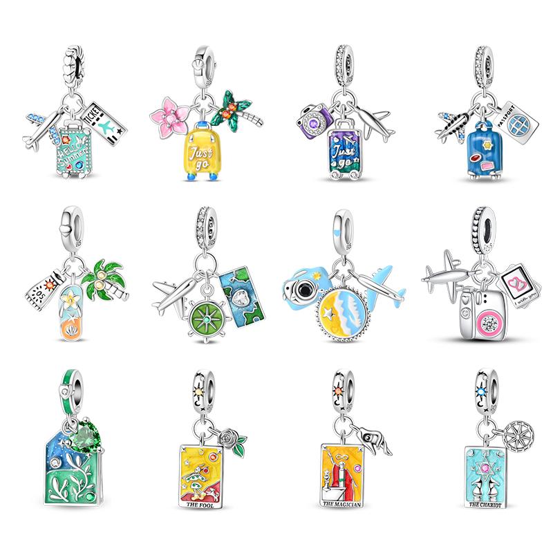 New 925 Silver Summer Suitcase Travel Airplane Camera Charms Pendant For Women Fit Bracelet DIY Jewelry Gifts