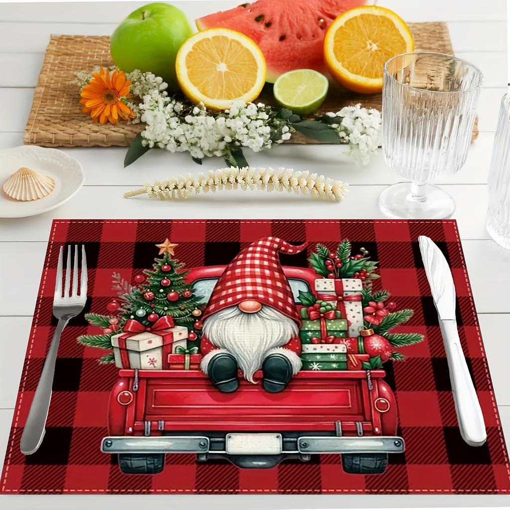 4/6pcs Christmas Plaid Gnome Truck Red Black Plaid Santa Claus Placemats Everyday Holiday Decor for Home Kitchen Restaurant