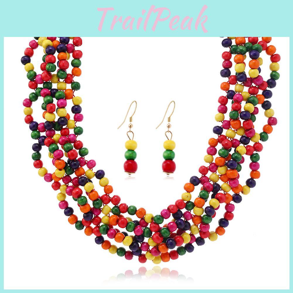 Bead Wooden Bohemian Tassel Necklace And Earring Set For Accessory Fashion