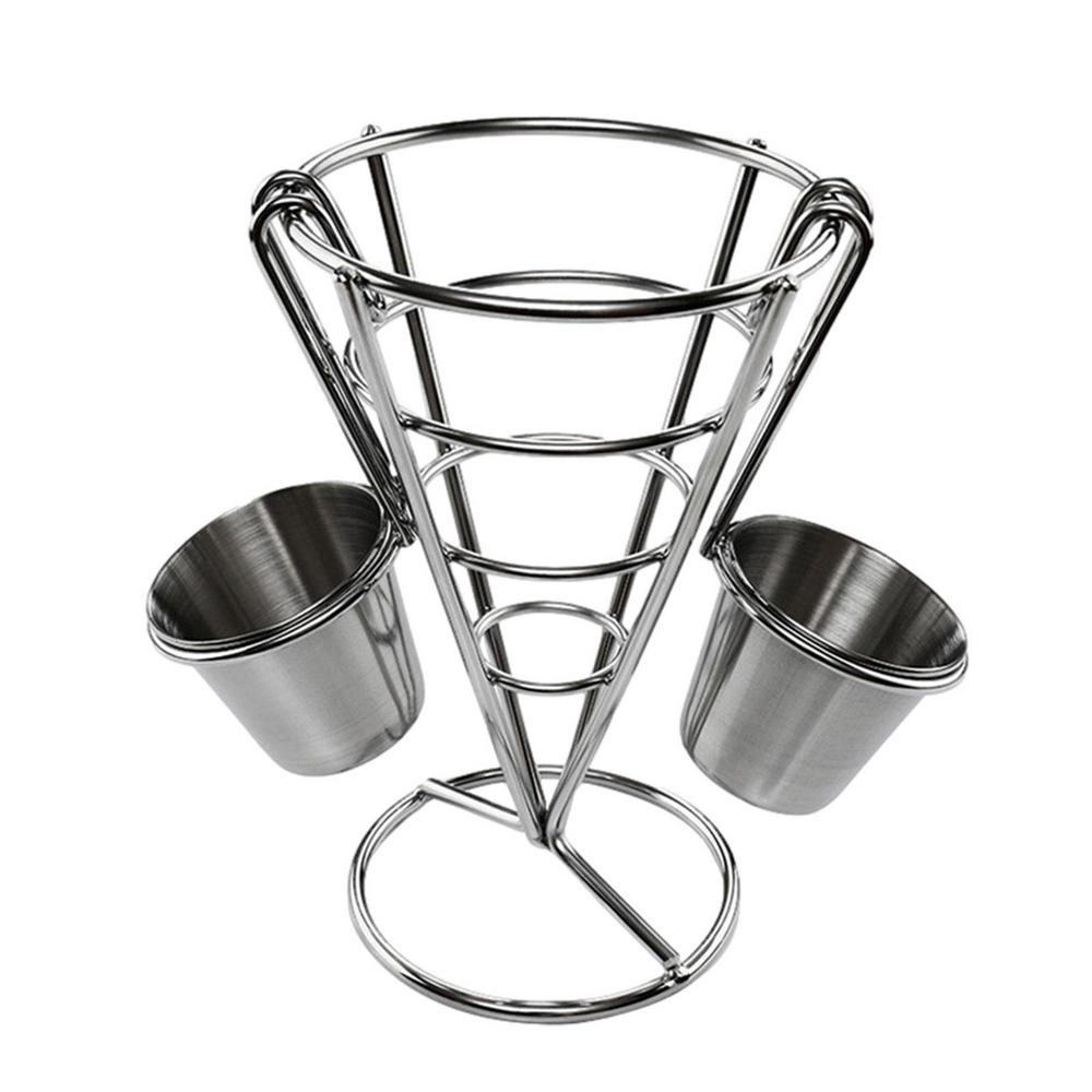 French Fry Holder French Fries Chips Holder With 2 Sauce Cups Stainless Steel French Fry Cup Holder French Fry Holder For Car серебряный