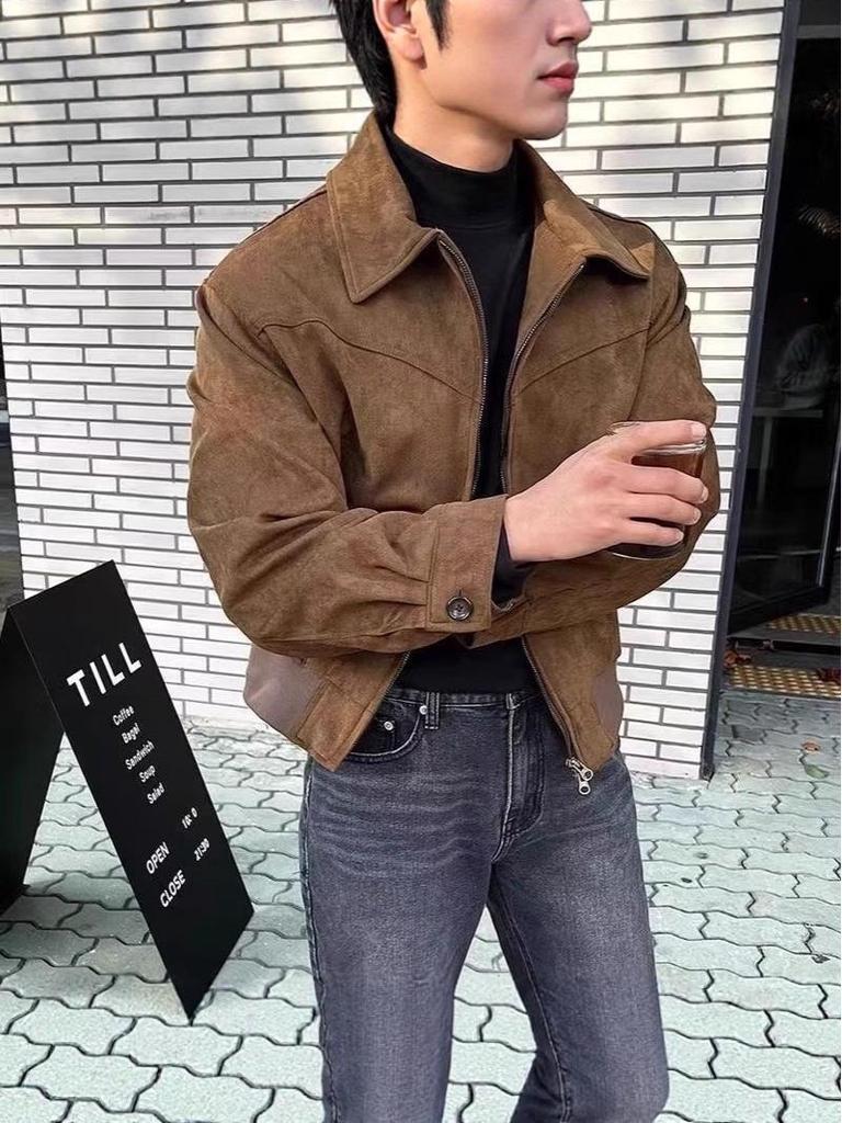 Korean Men’s Suede Bomber Jacket - Autumn/Winter, Loose Fit, Lapel, Zipper, American & Hong Kong Style