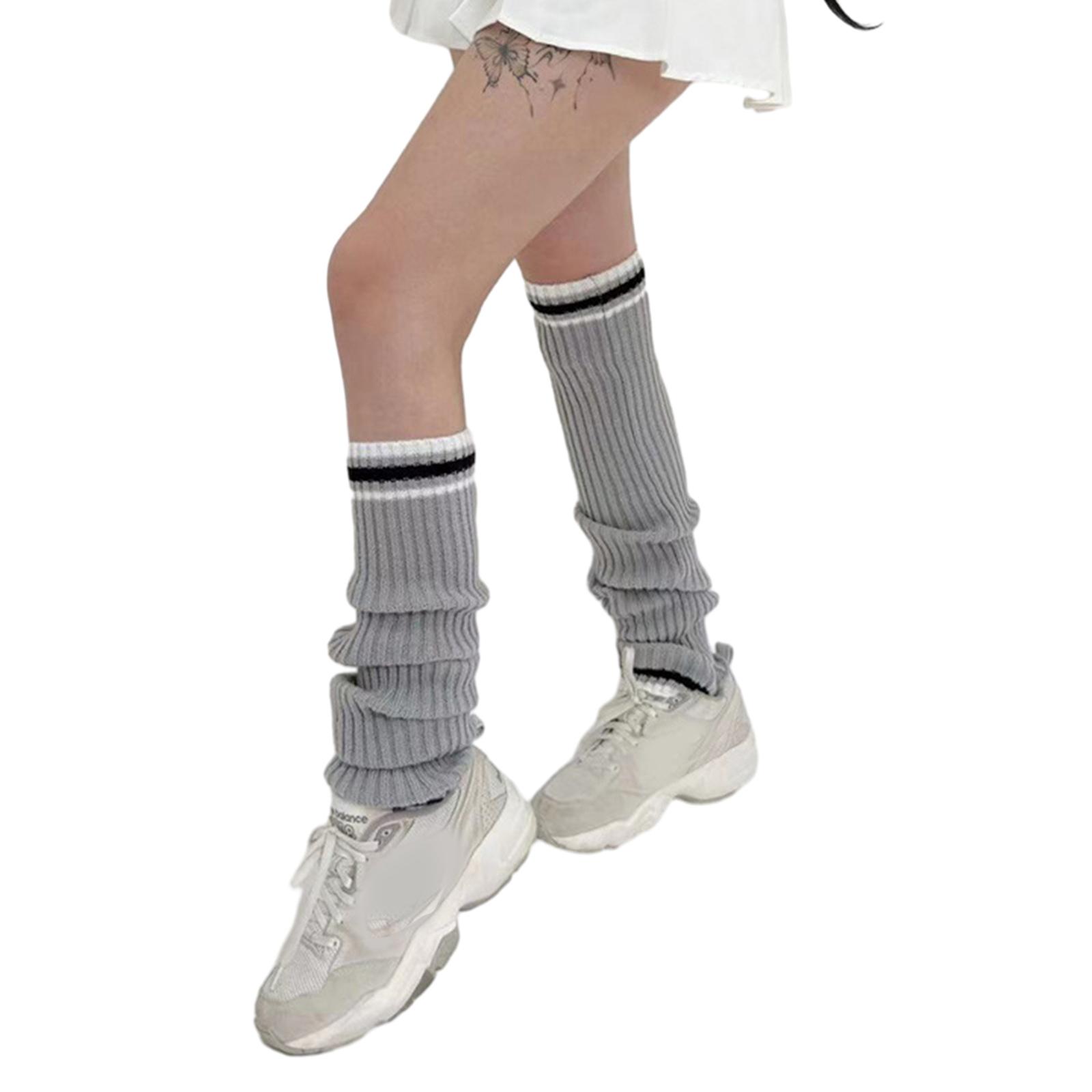 Women Ribbed Knit Leg Cover Preppy Double Striped Slouch Leg Warmers Long Socks