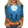Women's Halloween Print Three-Quarter Sleeve Round Neck Casual T-Shirt Top