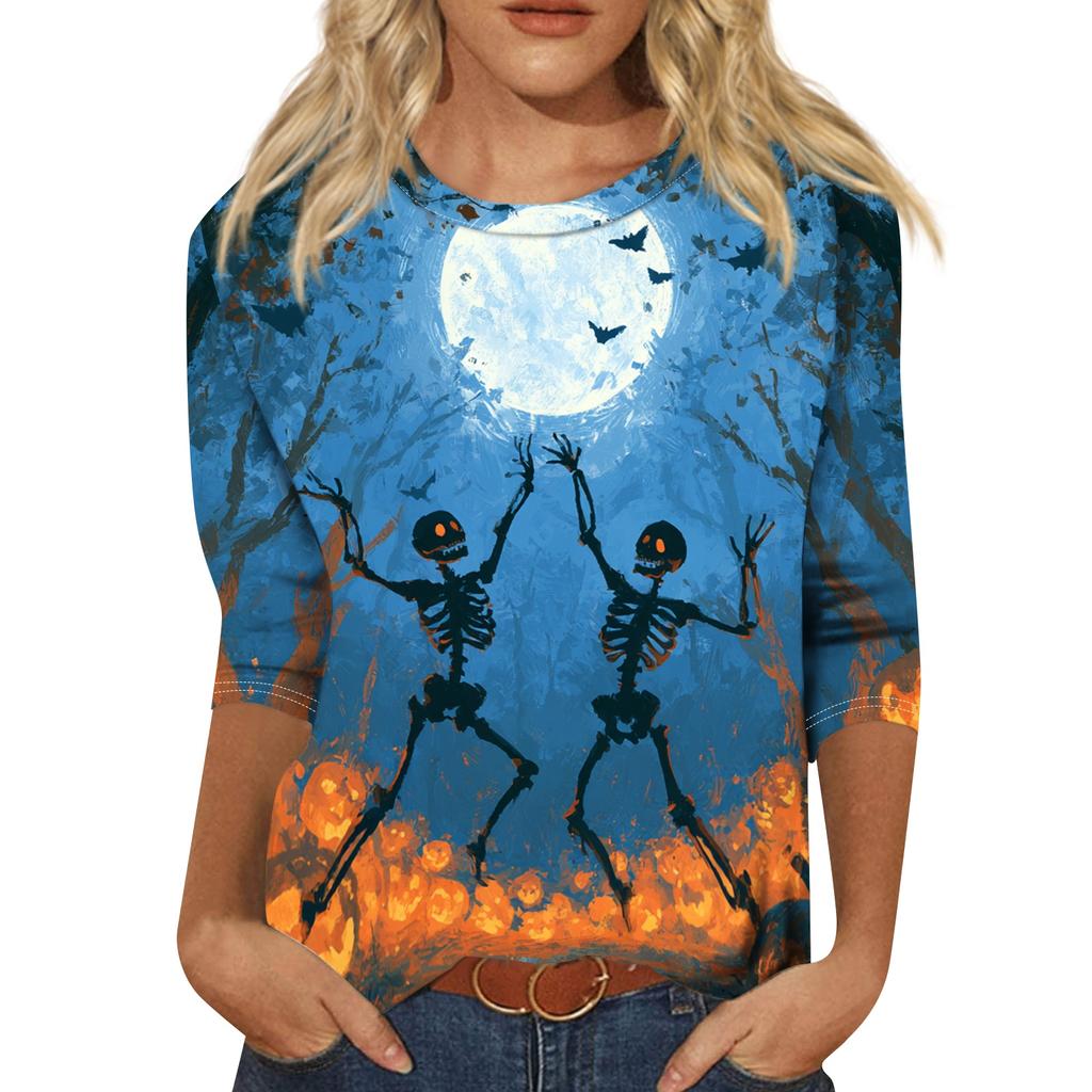Women's Halloween Print Three-Quarter Sleeve Round Neck Casual T-Shirt Top