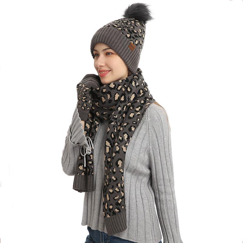 Autumn and Winter Knitted Hat Set New Women's Leopard Print Warm Wool Hat Scarf Gloves Three-piece Set