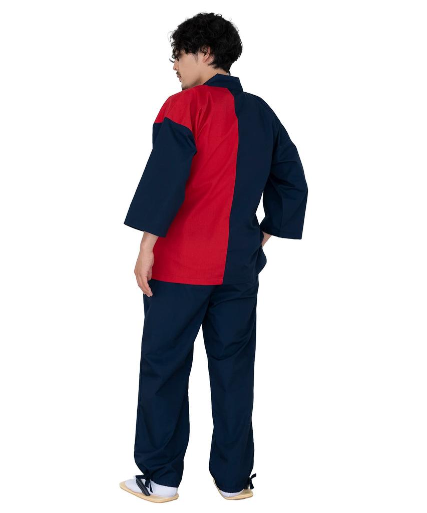 KYOETSU Men's Two-Tone Samue with Switching Clothes (Size L, Navy/Red)