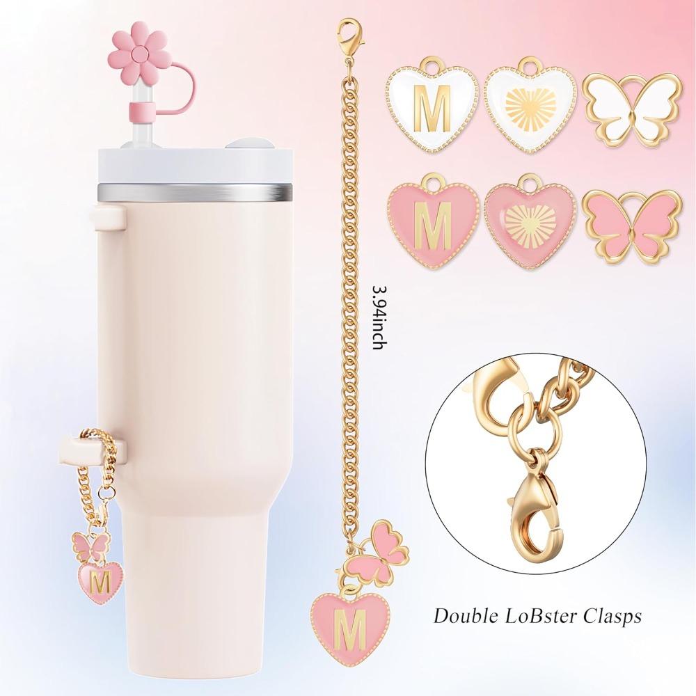 Růžový květinový pohár písmenkové přívěsky řetízek ozdoby na brčko 10mm krytka na brčko pro tumbler s uchem