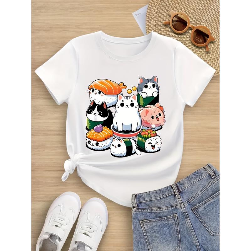 Cute sushi print round neck short-sleeved T-shirt Cute and playful style Suitable for summer outings and daily wear