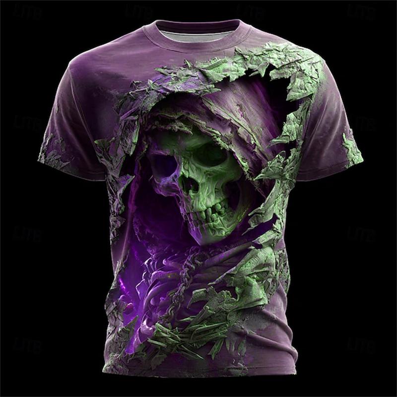 T-shirt da uomo con stampa teschio horror, estate, girocollo, manica corta, alla moda, vestibilità larga, abbigliamento streetwear vintage da uomo