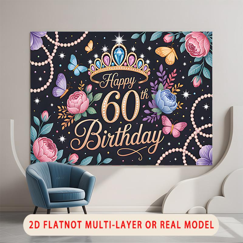Party Backdrop Birthday Rose Butterfly Multicolor 60th 60 Photo Booth Background Wall Decor