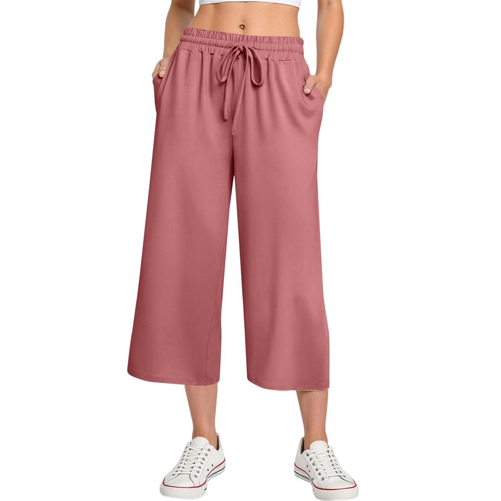 Pantaloni da donna a vita alta con nodo regolabile, fluidi in cotone e lino, gamba larga