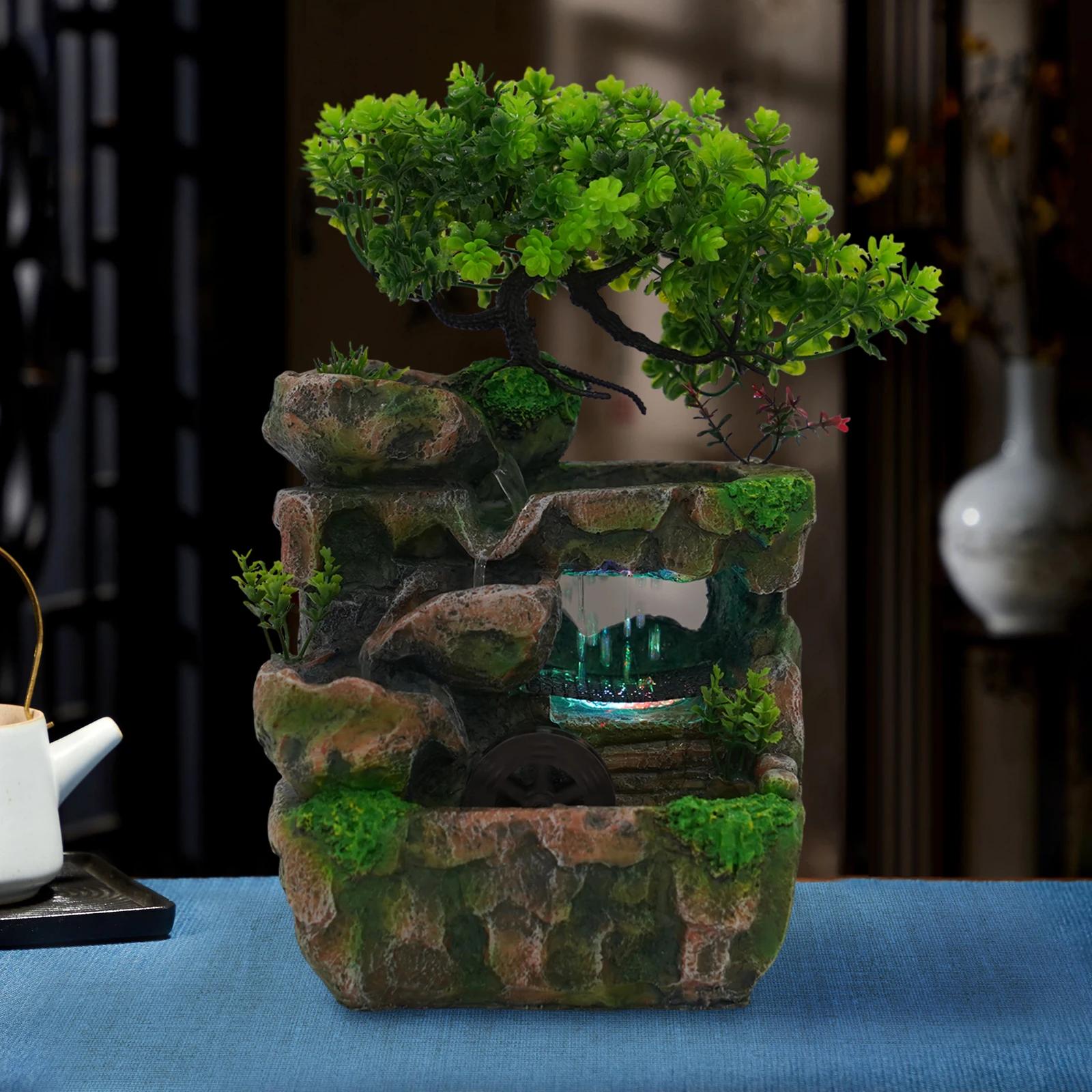 

Bymaocar Водный фонтан Рокарий Украшения с водопадом и светодиодной подсветкой Маленький настольный рокарий для офиса, дома, украшения спальни зелёный