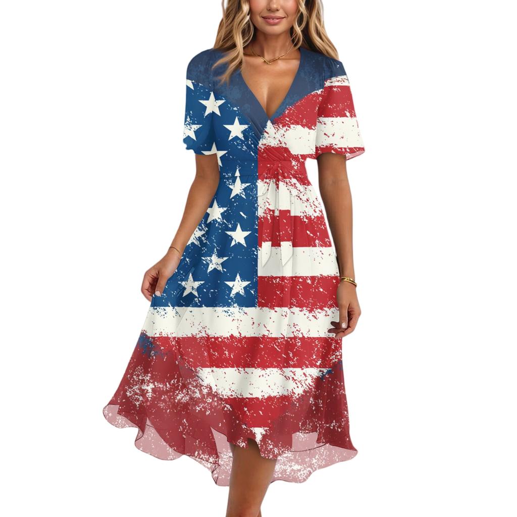 Women's Fashionable Casual V-neck Short-sleeved Independence Day Printed Dress