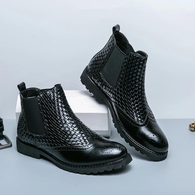 Fashion Chelsea Boots Men PU Plaid Patchwork Block Carved Business Formal Boots Classic Comfort High Top Men Boots Large Size 38-46