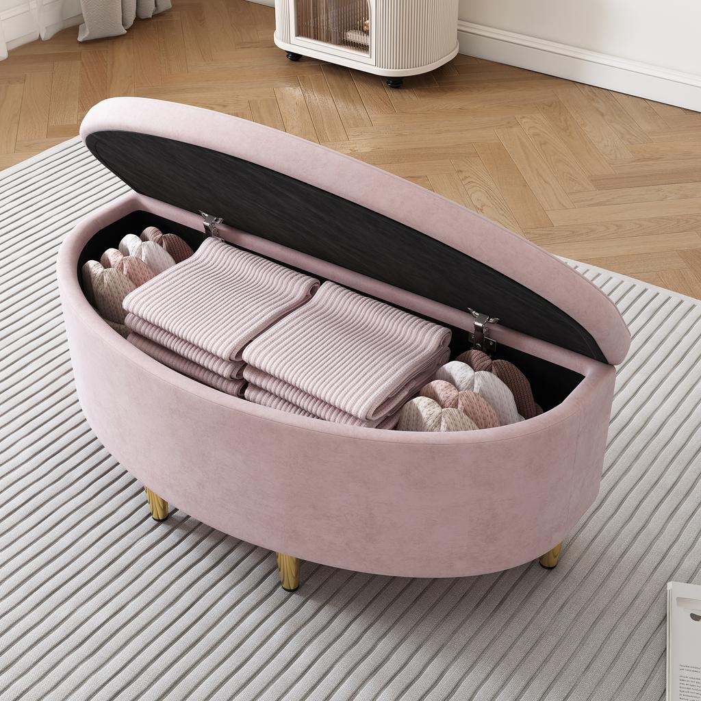 Gepolsterte Bank, mit Samt-Aufbewahrungsbox, Hocker mit Metallbeinen, Geeignet für Flur, Wohnzimmer, Schlafzimmer, 90 x 40 x 42 cm, Rosa