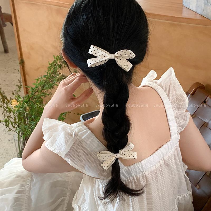 2Pair Black and White Polka Dot Bow Hair Clip Small Fresh Fabric Side Clip Girl Simple Daily Headwear Set Hairbows for Girls