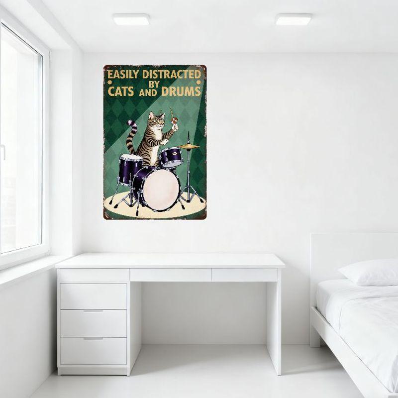 Vintage Distracted by Cats and Drums Metal Sign, Tabby Cat Playing Purple Drum Set, Rustic Wall Decor for Home Bar Pub Cafe, 8x1