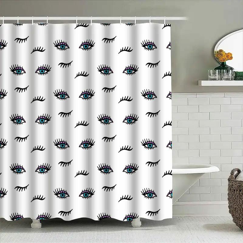 Modern Bath Shower Curtain With Blue Eyes Pattern Waterproof Fabric 180X240Cm White Background