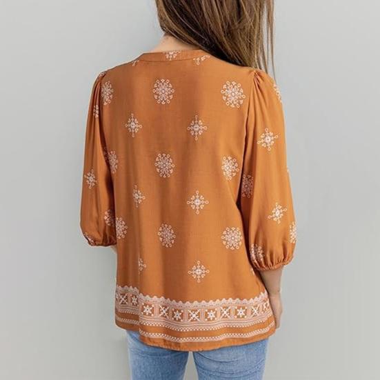 Women Shirt Loose Fit V Neck Printed Button Placket Shirt Tops Half Sleeve Breathable Summer Casual Tops