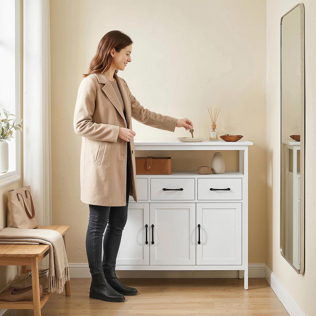 Komoda z regulowanymi półkami, Szafka bufetowa z 3 szufladami, 3 drzwiami, 95 cm, Biała