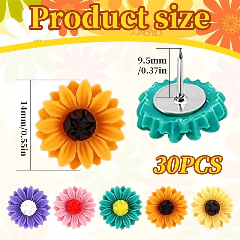30Pcs Cute Push Pins, Flower Drawing Pins, Thumb Tacks, Pin Board Pins, Pins for Cork Board, Notice Board Pins, Cork Board Pins, Map Pins