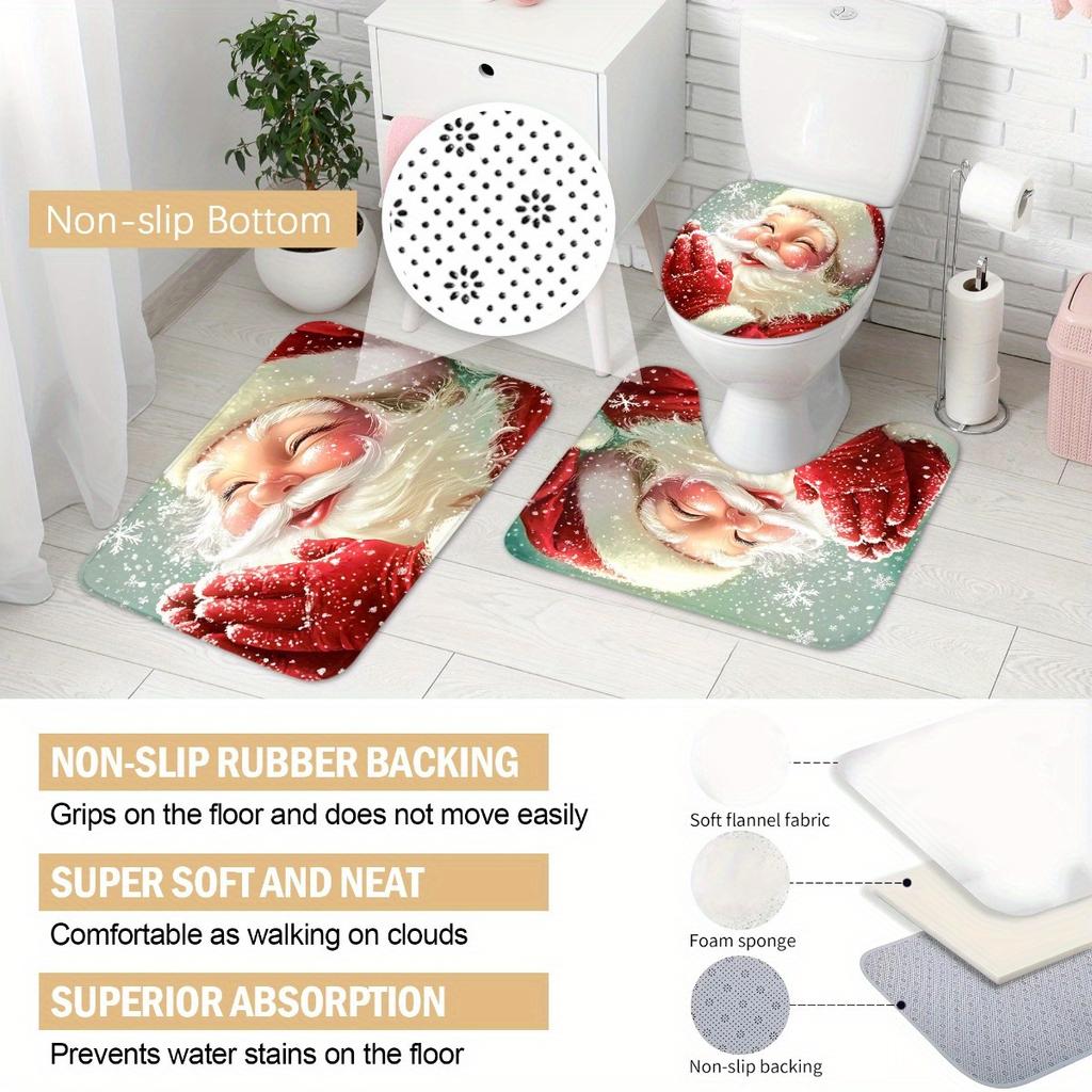 4Pcs Cute Santa Claus & Snow Shower Curtain Set with Non-Slip Bath Mat, Toilet Lid Cover, Contour Rug & 12 Hooks, Bathroom Decor