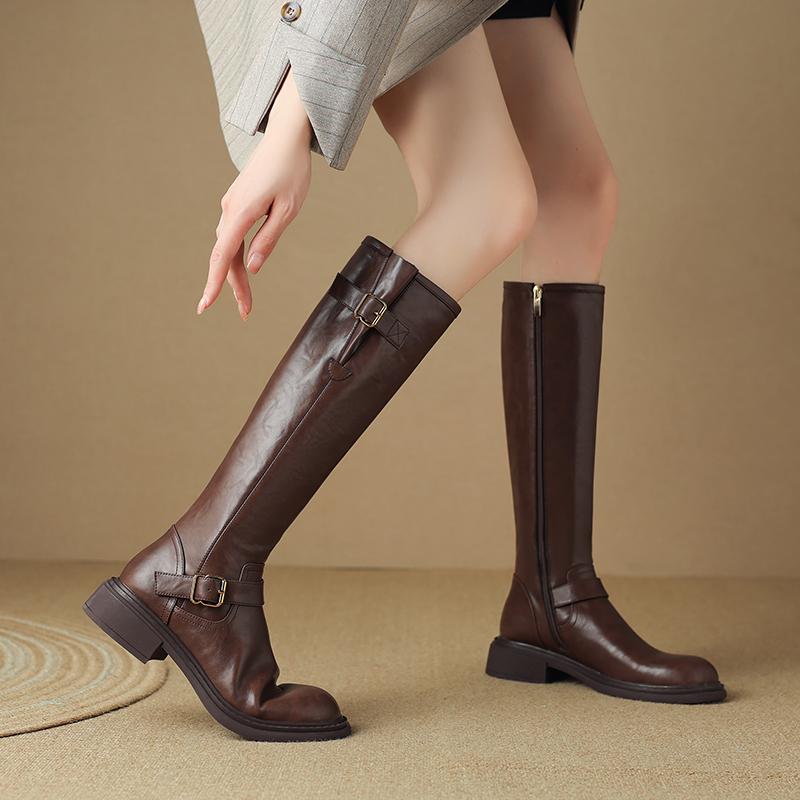 

Женская обувь Модные женские ботинки с боковой молнией Новые ботинки с пряжкой-ремнем Современные ботинки Женские зимние ботинки с круглым носком Ретро ботфорты 40