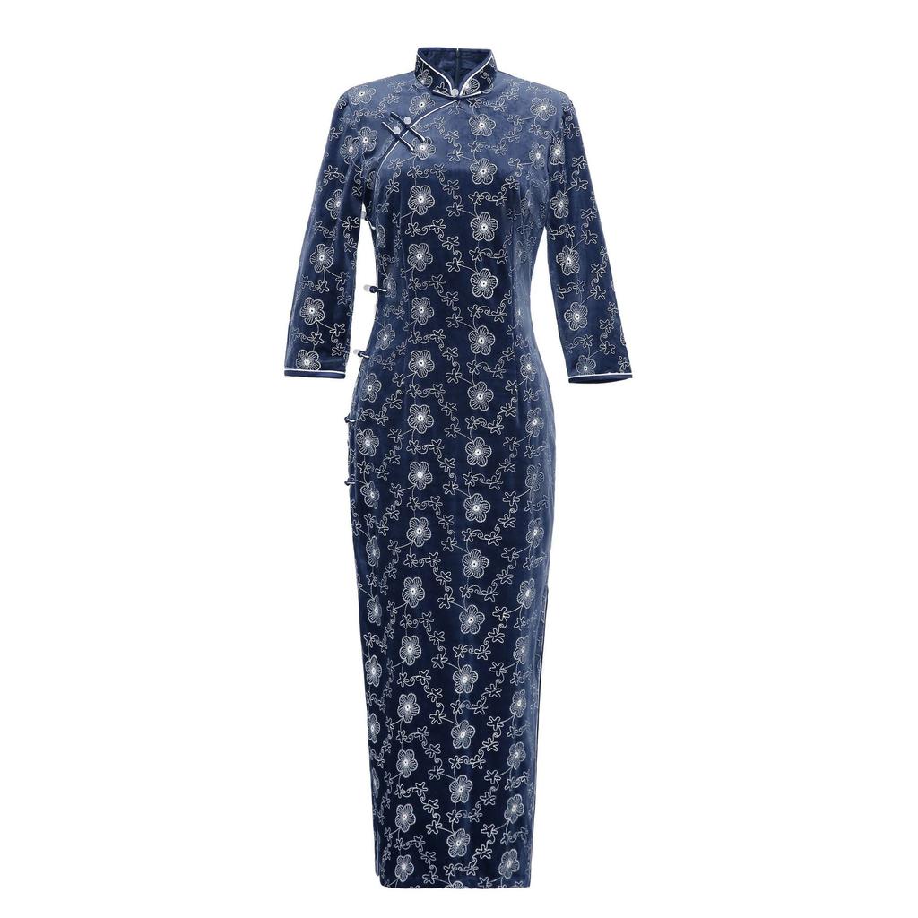 Long cheongsam 1011 spring new fashionable and elegant 8-point sleeve double-layer plain velvet embroidered improved cheongsam