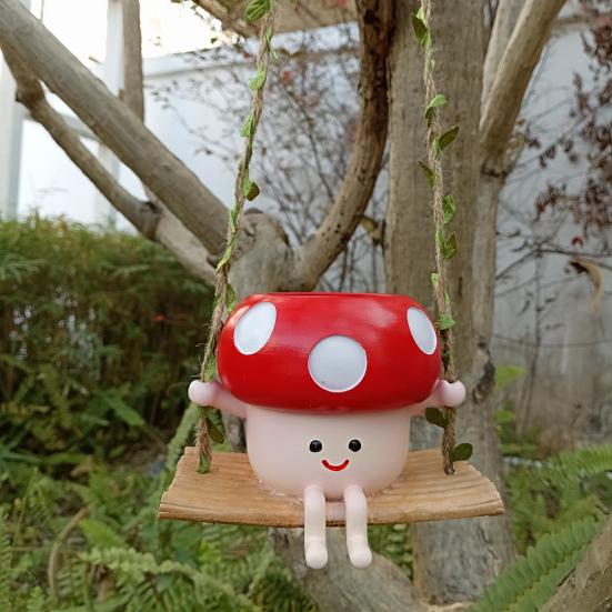 Swing Mushroom Hanging Planter Cartoon Mushroom Flower Pot Resin Succulents Planter