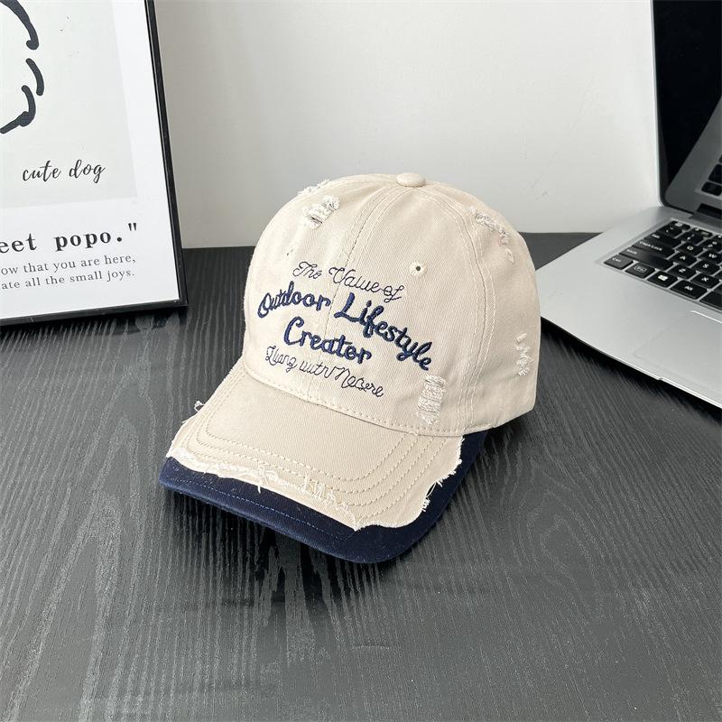 New Ripped Hole Wash Letter Embroidery Contrasting Color Design Baseball Hat Women's Outdoor Casual Soft Top Korean Embroidery Hat