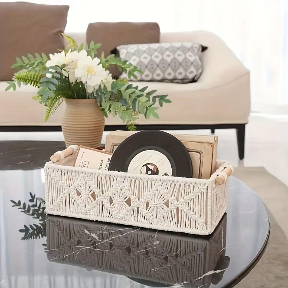 Cotton Rope Hand Woven Storage Box Grid Designed with Handle Toilet Paper Shelf Basket Warm White Boho Decor