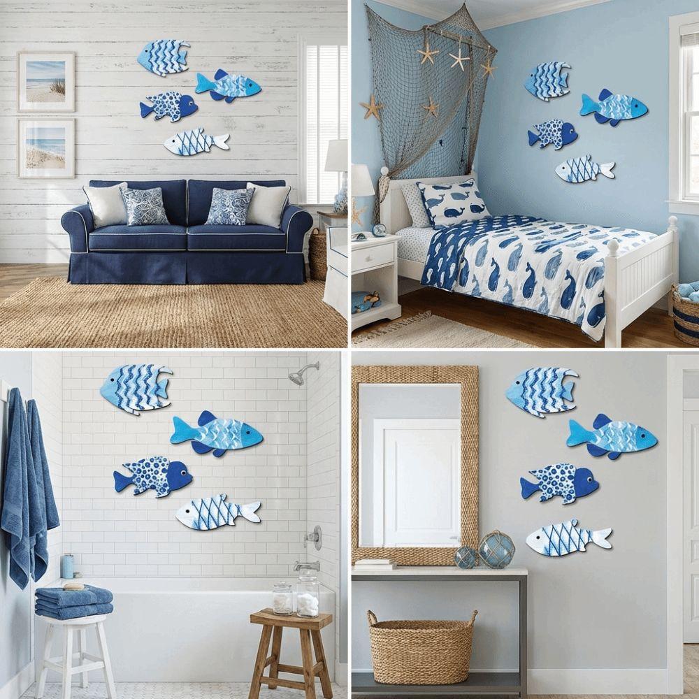 Drewniana ryba w stylu marynistycznym Dekoracja ścienna Motyw oceaniczny Marynistyczna sztuka ścienna Ryba wiszący dekor Sztuka do łazienki