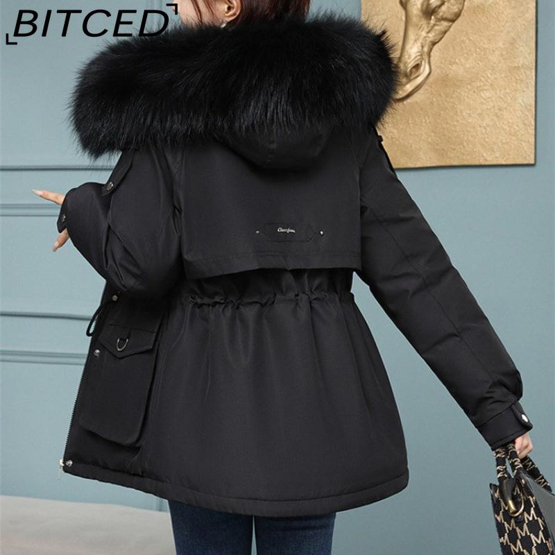 BITCED Women's Fleece-Lined Thickened Puffer Coat - Short Winter Style with Large Fur Collar, Slim-Fit and Flattering Cotton-Blend Outerwear