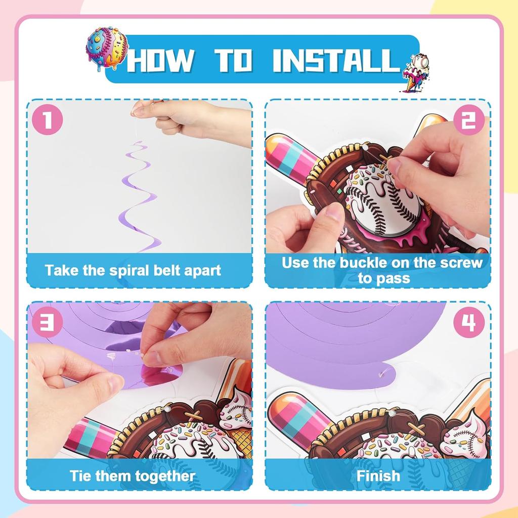 60Pcs Ice Cream Drip Baseball Hanging Swirls Sport Themed Birthday Party Decorations Baseball Ice Cream Theme Ceiling Streamers Hanging Decorations