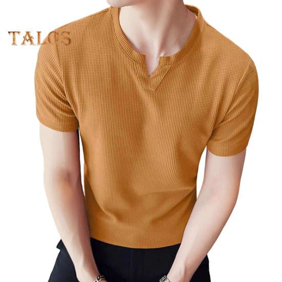 Men's Waffle V-Neck T-Shirt Solid Color Casual Tee Shirt Summer Short-Sleeved Pullover Top for Daily Outings Home Gym Street Wear