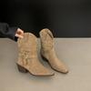 Retro Belt Buckle Suede Pleated Piled Boots Women's Autumn and Winter New V-mouth Wide Tube Thick Heel Fashion Boots