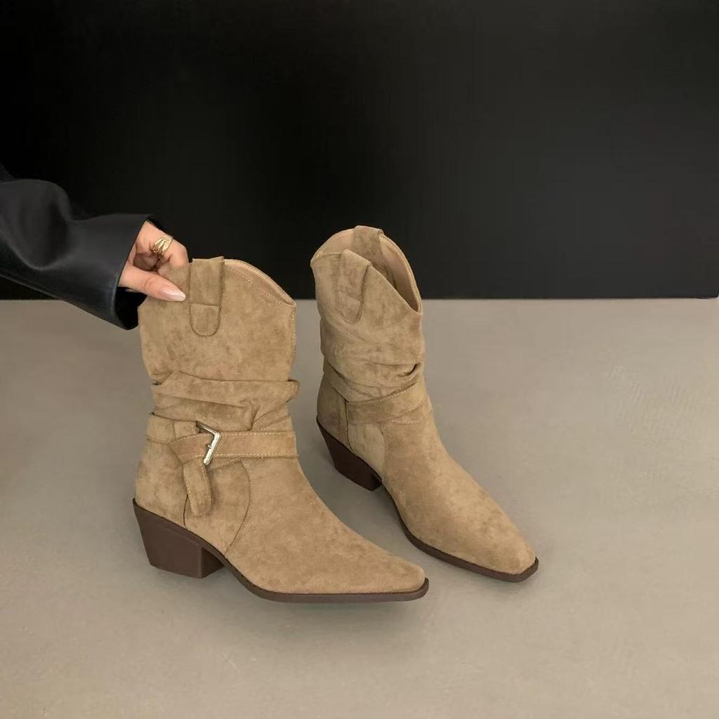 Retro Belt Buckle Suede Pleated Piled Boots Women's Autumn and Winter New V-mouth Wide Tube Thick Heel Fashion Boots