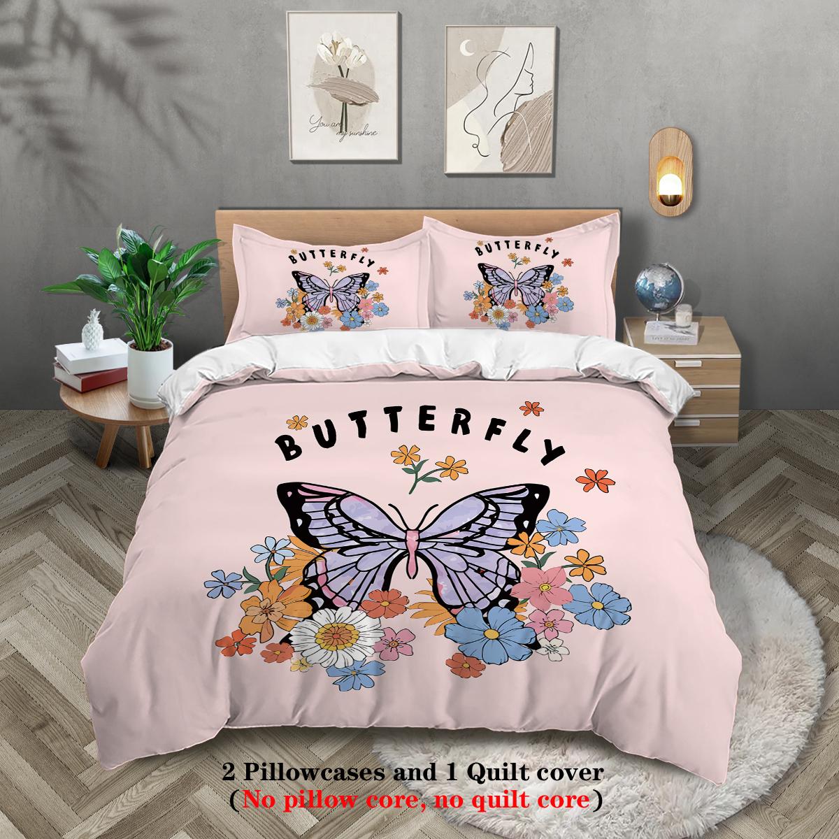 

3pcs butterfly flowers pattern bedding set, for girls, teenagers and adult s bedroom, 1*duvet cover+2*pillowcase, for single bed 135x200cm-EU-Single
