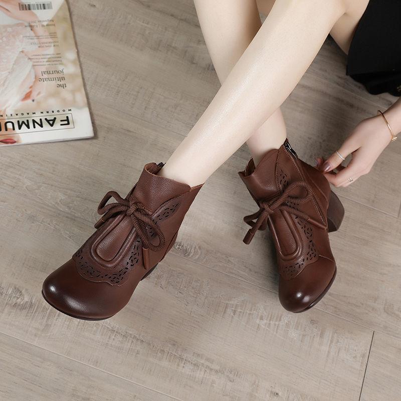 Jesienne bardzo miękkie skórzane buty w stylu etno retro, krótkie buty dla mamy, damskie, z okrągłym noskiem, na średnim obcasie, antypoślizgowa miękka podeszwa, średniej długości, buty damskie