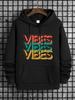 Plus Size Unisex Hoodies, "Vibes" Graphic Print Hooded Sweatshirt For Spring Fall Winter, Unisex Clothing