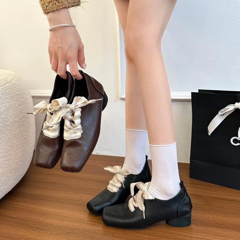 Women's Shoes 2025 New Autumn Versatile Fashion Square Toe Mid Heel Women's High Heels Lace Up Outdoor High Quality Shoes Ladies