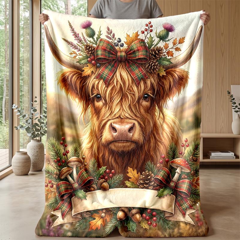 Festive Highland Cow Decoration Theme Blanket Lightweight Warm Flannel Blanket Decorative Throw Blanket for Home Decoration