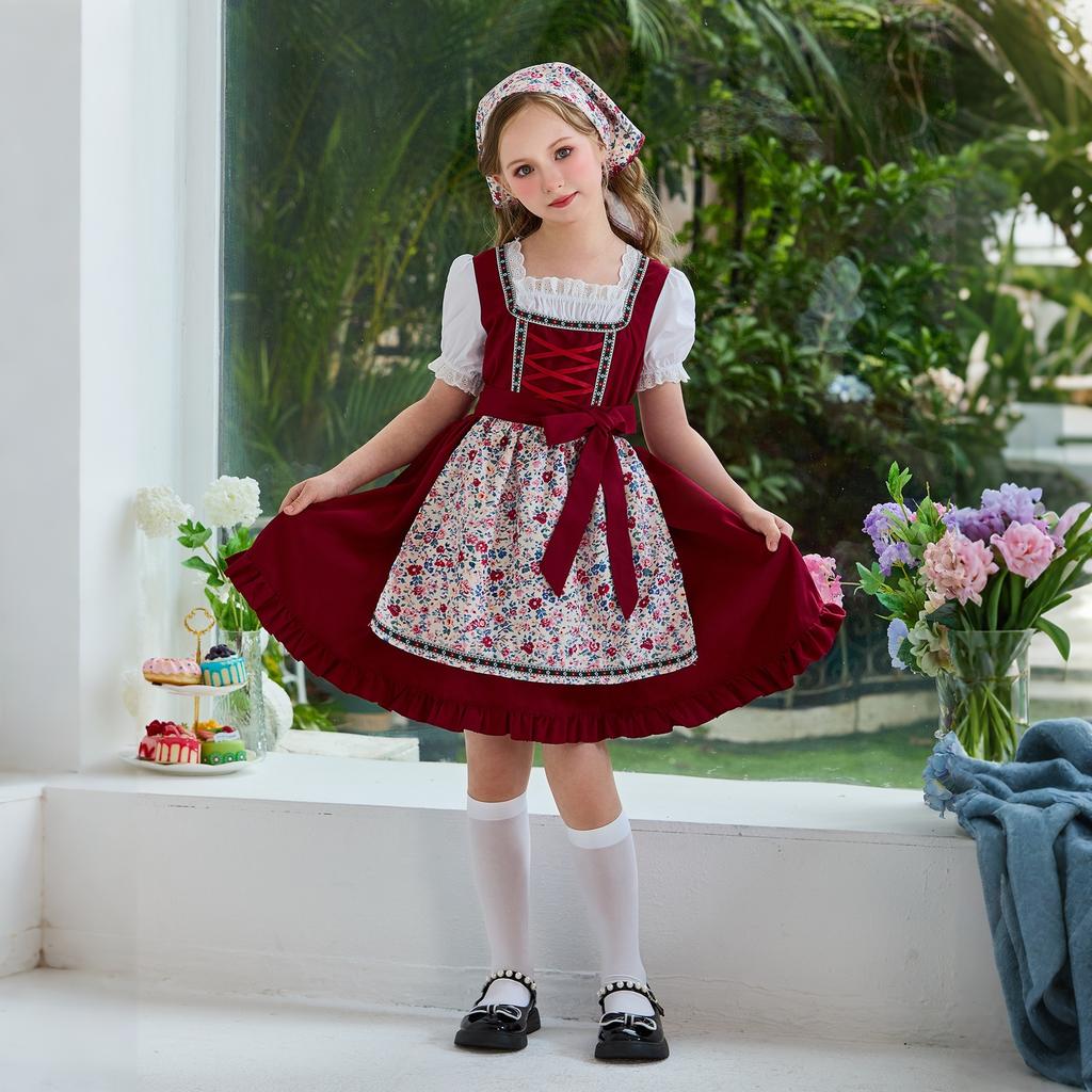 Girls Traditional Dress Oktoberfest Costume Country Style Apron Dress with Headscarf and Puff Sleeve Shirt for Kids