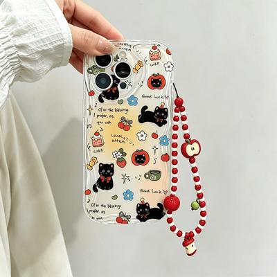 Cute Cat With Apple Fruit Chain Case For iPhone 11 15 14 16 Pro Max 16SE 6 7 8 Plus X XS XR MAX Wave Side Cartoon Cover