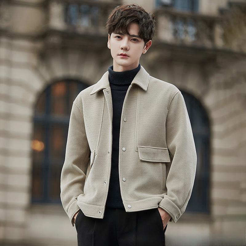 Waffel Freizeitjacke Herren Frühling und Herbst Premium Locker Kurz Revers Herren Oberteil